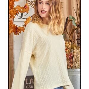 New P.S. Kate Textured Sweater Knit Top Long Sleeve Stretch White Size Medium